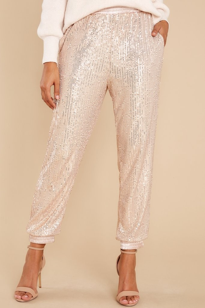 Sparkle With Me Champagne Satin Trim Sequin Joggers | Red Dress 