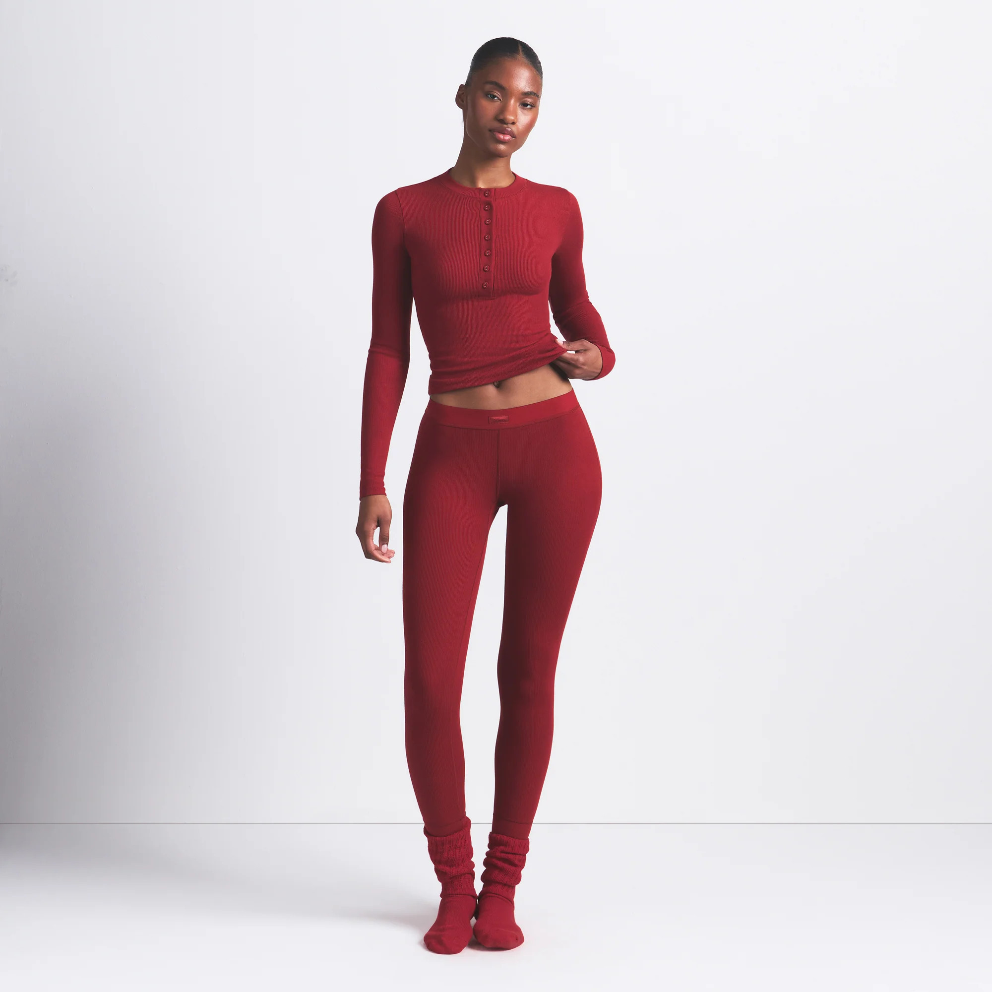 SKIMS Henley And Legging Set | Red | Small | Cotton Rib | SKIMS (US)