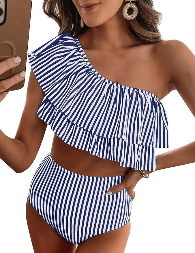 VIMPUNEC Ruffle One Shoulder Swimsuits for Women Striped High Waisted Two Piece Bathing Suits | Amazon (US)