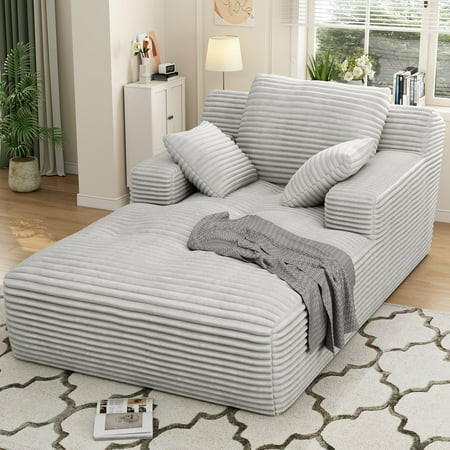 67'' Oversized Chaise Lounge Chair Indoor, Cloud Plush Corduroy Upholstered Sofa Bed, Modern Deep Seat Sofa with Back Cushion, Pillows, Cozy Sleeper Couch for Living Room, No Assembly Required, White | Walmart (US)
