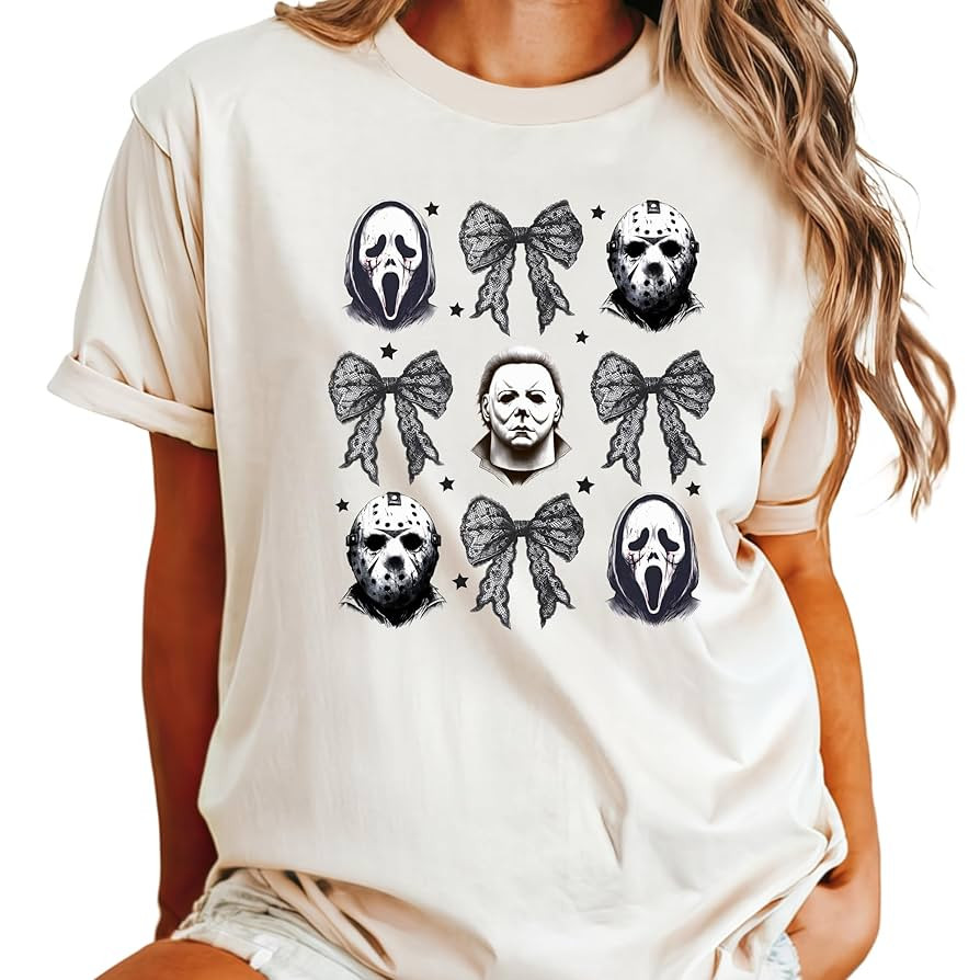 Woman's Halloween Shirt, Horror Characters Coquette Bow,Scream, Jason Vorhees, Mike, Slasher film... | Amazon (US)