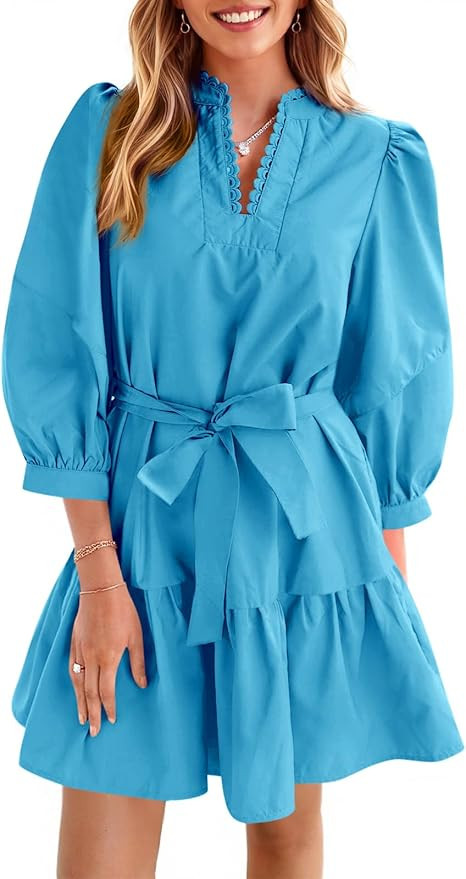 Cicy Bell Womens Puff 3/4 Sleeve Mini Dresses Bow Tie Waist V Neck Casual Trendy Ruffle Tiered Sh... | Amazon (US)