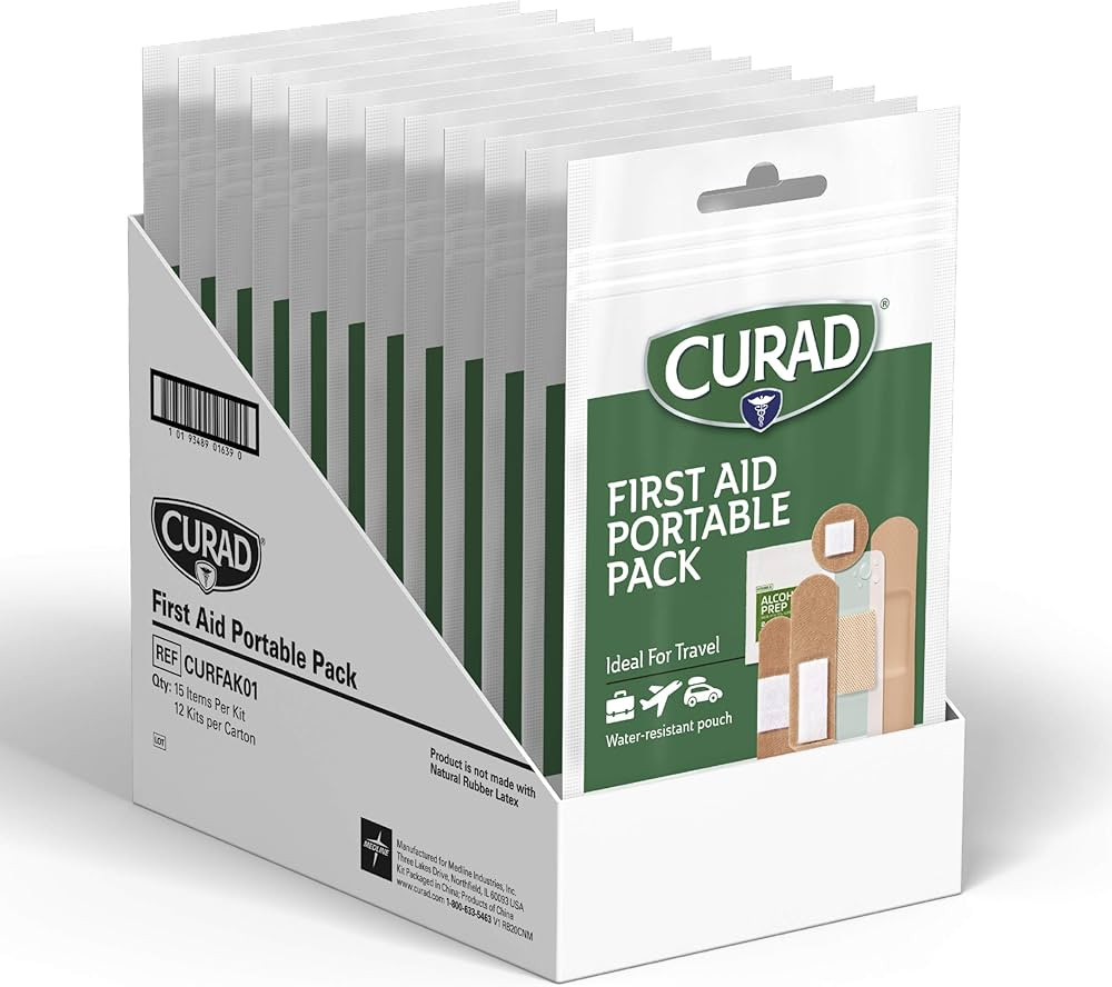 Curad First Aid Portable Pack, Ideal for Travel, Carry-on, Backpacks, Water Resistant Pouch, Vari... | Amazon (US)