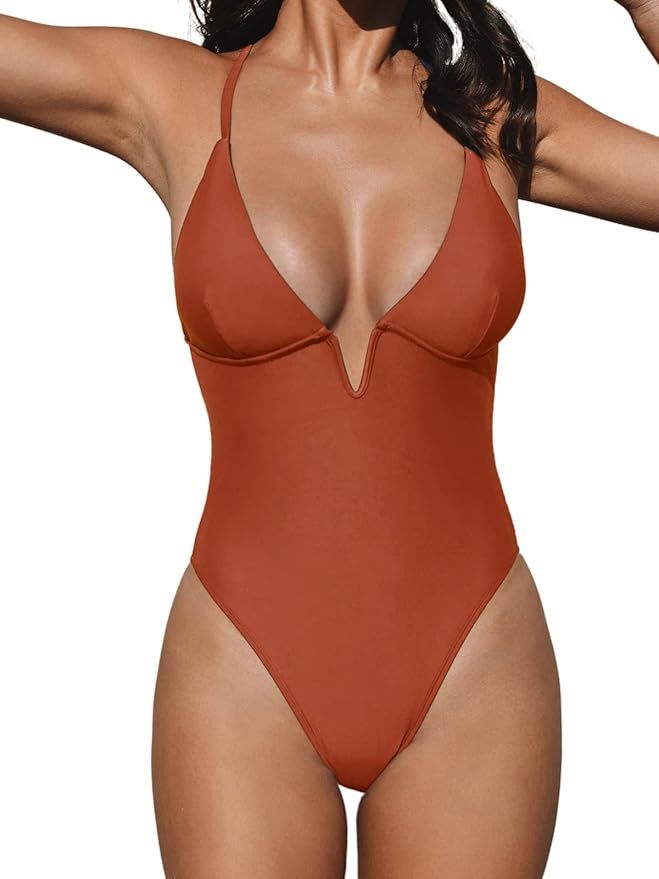 CUPSHE Women Swimsuit One Piece Bathing Suit Deep V Neck Crisscross Back Adjustable Strap | Amazon (US)
