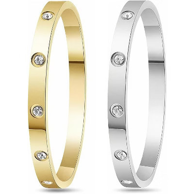 1 or 2-Piece 18K Gold Plated Love Bangle Bracelet Set for Women, Stainless Steel Cubic Zirconia Hidden Clasp Design Gold,Silver 7.08INCH | Target
