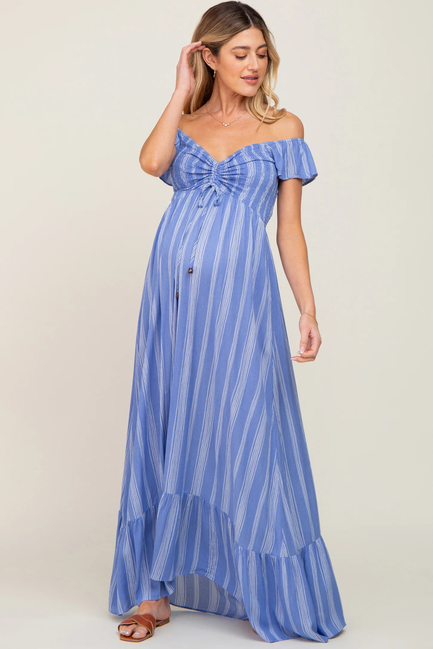Blue Striped Off Shoulder Front Tie Maternity Maxi Dress | PinkBlush Maternity