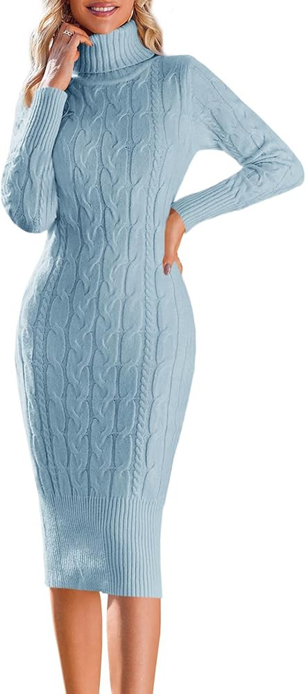 Fangetey Womens Long Sleeve Turtleneck Sweater Dresses Knitted Bodycon Midi Sheath Jumper Dresses | Amazon (US)