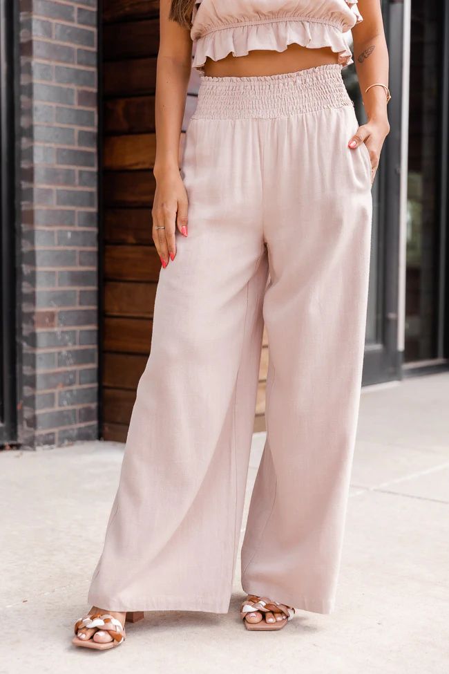 Concentrated Heart Taupe Linen Smocked Waist Pants | The Pink Lily Boutique