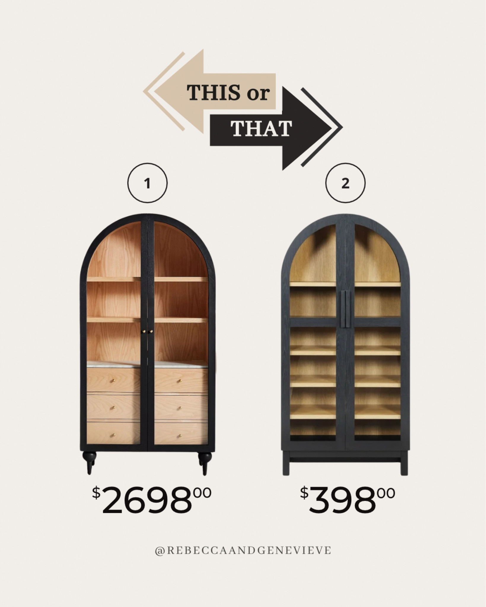 Similar styles, different price tags 💸
-
Cabinet. Home dupes. Furniture. This or that. Save or splurge  

#LTKHome #LTKStyleTip #LTKSaleAlert