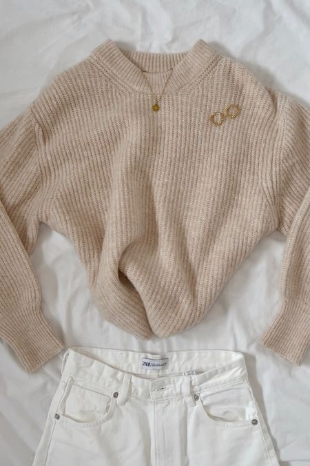 School outfit, winter fashion, 2023 fashion, basics , gold hoops , gold jewelry,  , beige , H&M , outfit inspo , outfit inspiration, knitted sweater, sweater, white jeans 

#LTKstyletip #LTKfit #LTKFind