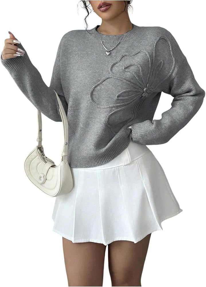 RoseSeek Women's 3D Floral Appliques Crewneck Sweaters Long Sleeve Drop Shoulder Pullovers Elegan... | Amazon (US)