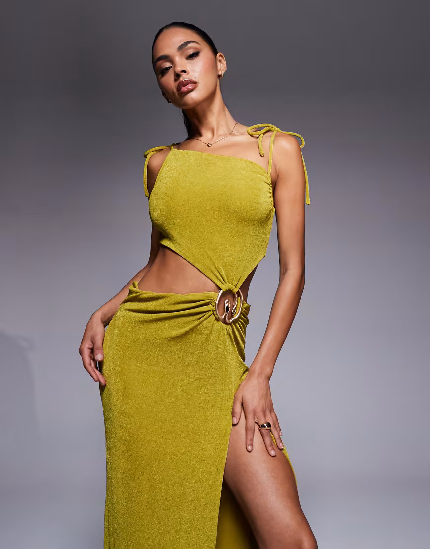 Oh Polly cowl neck textured jersey cut-out maxi dress in olive green-Brown | ASOS (Global)