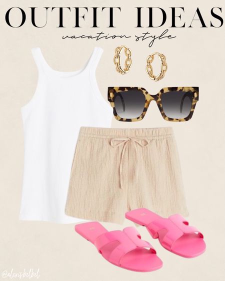 H&M vacation outfits size Xs shorts and tank, pink slide sandals 

#LTKunder100 #LTKunder50