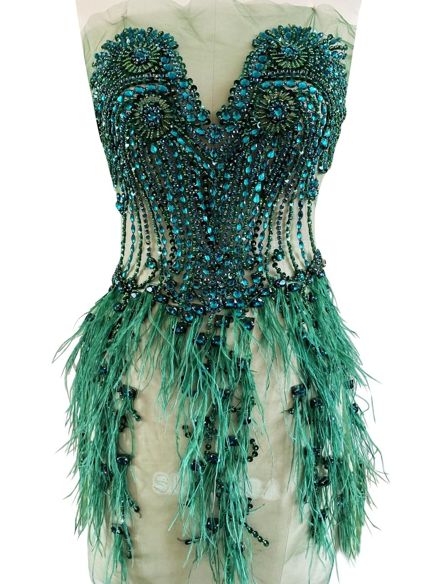 Pure handsewing Beads Trim Patches Rhinestones Bodice Applique with Ostrich Fur Decoration Shinin... | Amazon (US)