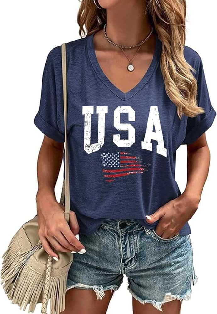 USA Flag V-Neck Shirt Women Star and Stripes Graphic Tops Red White and Blue Short Sleeve Tee Sum... | Amazon (US)