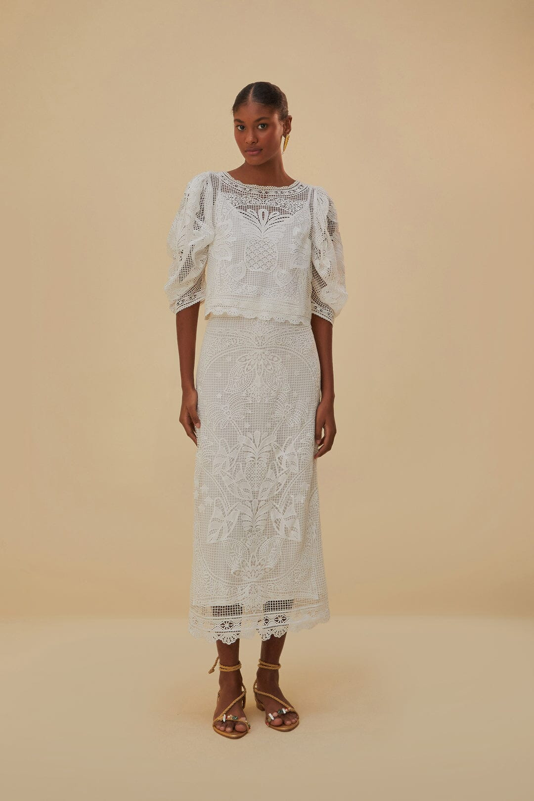 White Guipure Midi Skirt | FarmRio (US)