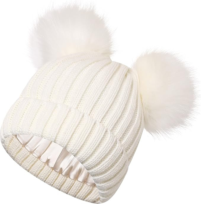 Roniky Womens Winter Hat Cable Knit Silk Satin Lined Beanie for Women Girls Double Faux Fur Pom P... | Amazon (US)