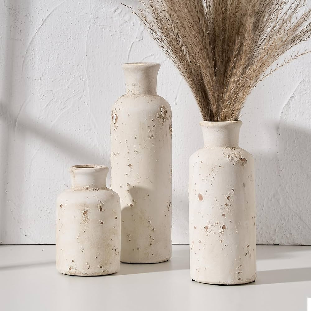 SIDUCAL Ceramic Rustic Farmhouse Vase Set of 3, Whitewashed Terracotta Vase, Pottery Vase,Clay Decorative Vases for Home Decor, Living Room, Shelf, Mantel Decoration(Rustic White) | Amazon (US)