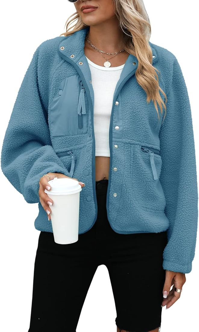 Yanekop Womens Fleece Jacket Fuzzy Long Sleeve Short Coats Button Down Sherpa Outerwear With Pock... | Amazon (US)
