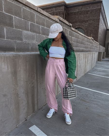 Green button down (oversized button down) with white bandea, pink trousers, baseball cap, Nike blazers, high top sneakers, houndstooth bag // casual street style, streetwear, fall inspo, street chic, meir, ameirylife 

#LTKstyletip #LTKU #LTKSeasonal