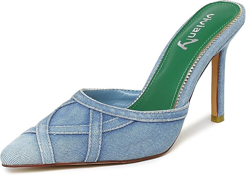 vivianly Womens Denim Stiletto Heels Sandals Pointed Toe Heeled Mule Pumps | Amazon (US)