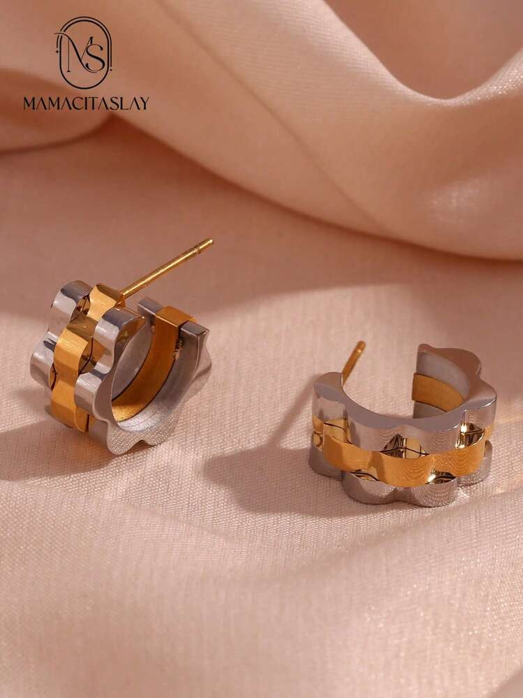 MamacitaSlay 1pair Fashion Stainless Steel Flower Shaped Layered Two Tone Cuff Hoop Earrings For ... | SHEIN