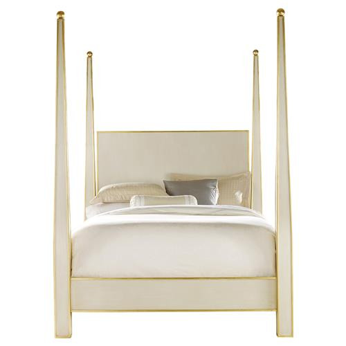Alissa Modern Classic Gold Leaf Trim Antique White Wood 4-Poster Bed - Queen | Kathy Kuo Home