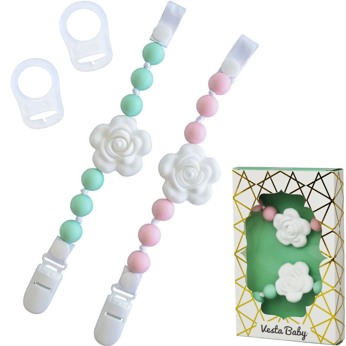 Silicone Pacifier Clip and Teether Holder Set | Vesta Baby