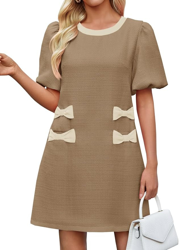 Wenrine Womens Summer Mini Dress Casual Tweed Short Sleeve Bow Work Business Dresses with Pockets | Amazon (US)