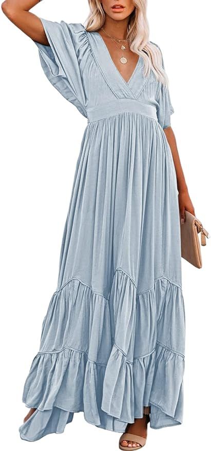 Linsery Women's Boho V Neck Maxi Dress Summer Fall Solid Half-Sleeve Long Beachy Dresses | Amazon (US)