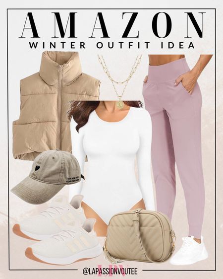 Elevate your athleisure game with this Amazon combo: trendy jogger pants paired with a sleek bodysuit and a stylish puffer vest. Top it off with a cool cap and carry your essentials in a chic sling bag. Complete the look with casual sneakers and a statement necklace for a sporty yet chic vibe.

#LTKSeasonal #LTKstyletip #LTKHoliday