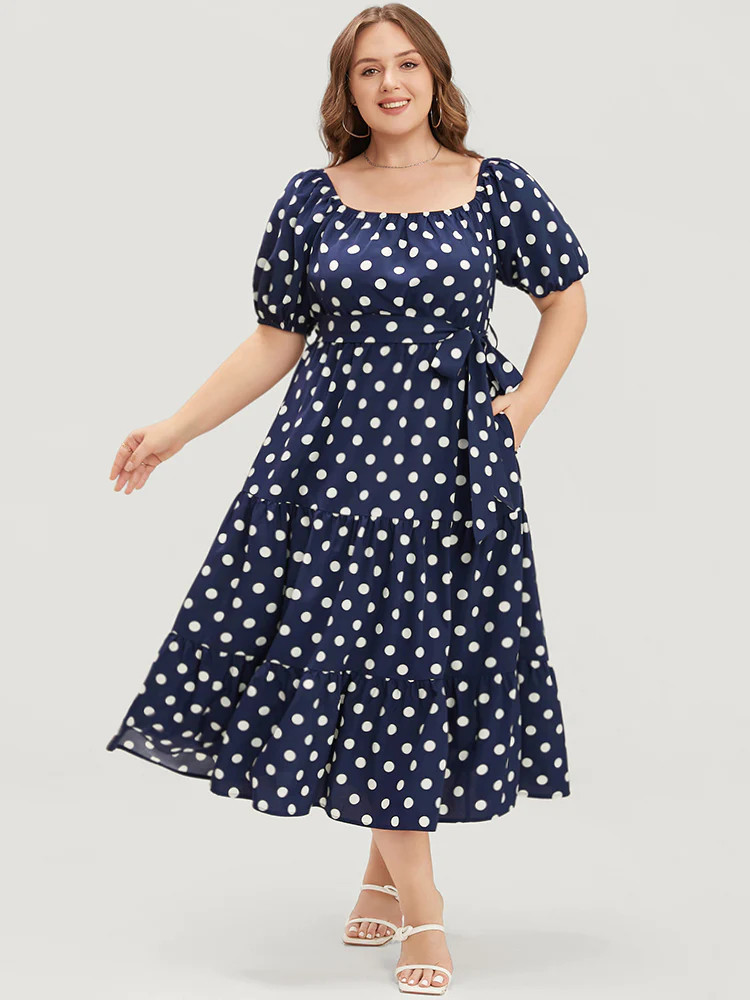 Polka Dot Puff Sleeve Square Neck Pocket Belted Ruffle Dress | Bloomchic