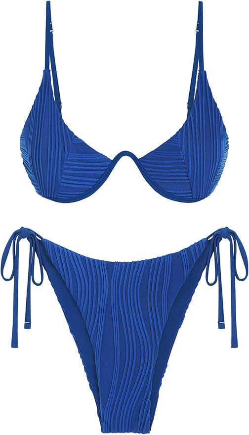 ZAFUL Women's Bikini Sets Ribbed Two Piece Swimsuits Underwire Adjustable Back Clasp Bathing Suit... | Amazon (US)