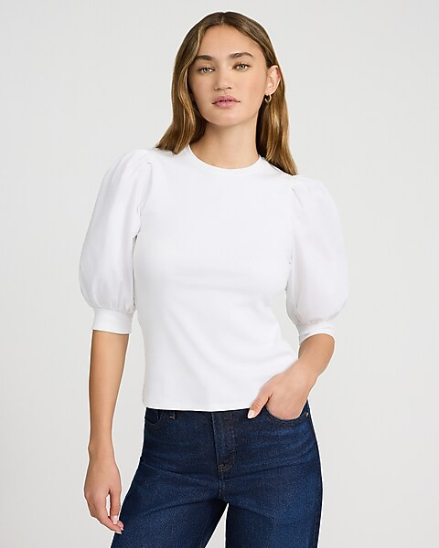 Mixed Media Crew Neck Short Puff Sleeve Tee | Express