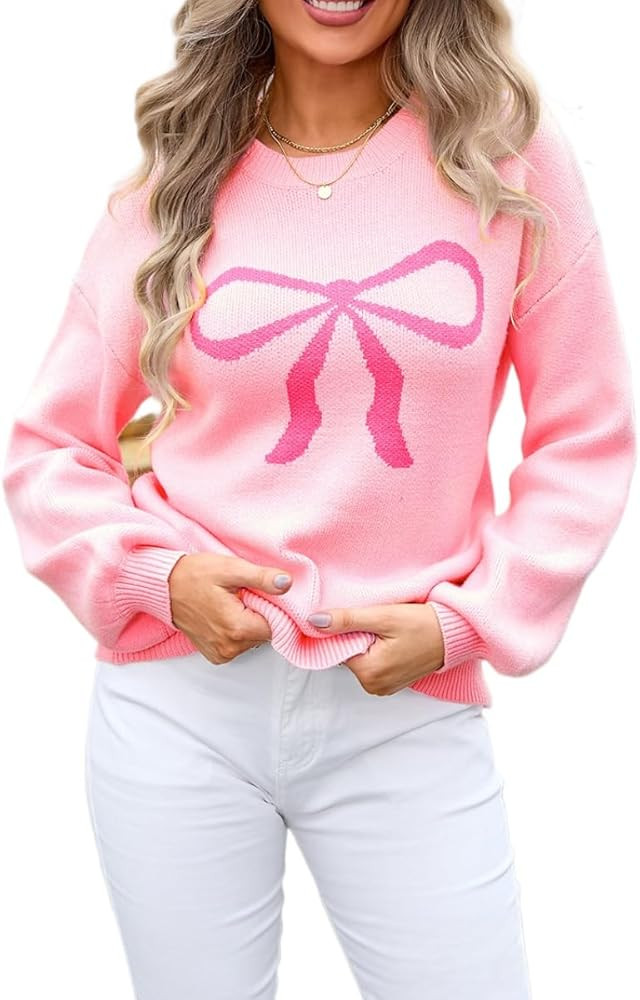 Sumleno Womens Fall Winter Casual Sweater Cute Bow Crewneck Long Sleeve Baggy Knit Sweatshirt Top... | Amazon (US)