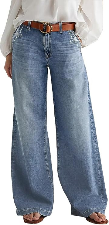 Flamingals Wide Leg Jeans for Women Mid Waist Baggy Stitch Decor Denim Washed Pants Without Belt | Amazon (US)