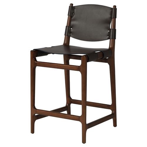 Adalyn Rustic Lodge Brown Leather Sling Seat Black Wood Counter Stool | Kathy Kuo Home