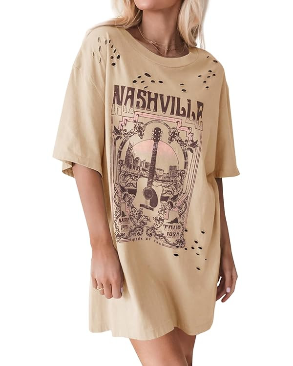 Imily Bela Womens Nashville Oversized T Shirts Country Concert Outfits Hollow Out Guitar Graphic ... | Amazon (US)