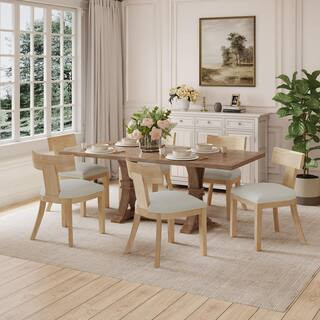 Myers 7-Piece Expandable Rectangle Dining Set with Cushioned Seats, Solid Wood Frame, Natural and Pebble | The Home Depot