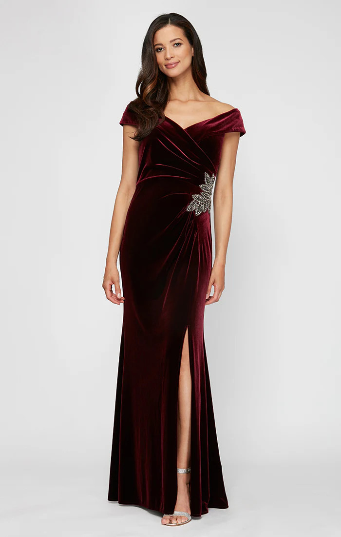 Off-the-Shoulder Fit &amp; Flare Velvet Gown with Sweetheart Neckline | Alex Evenings