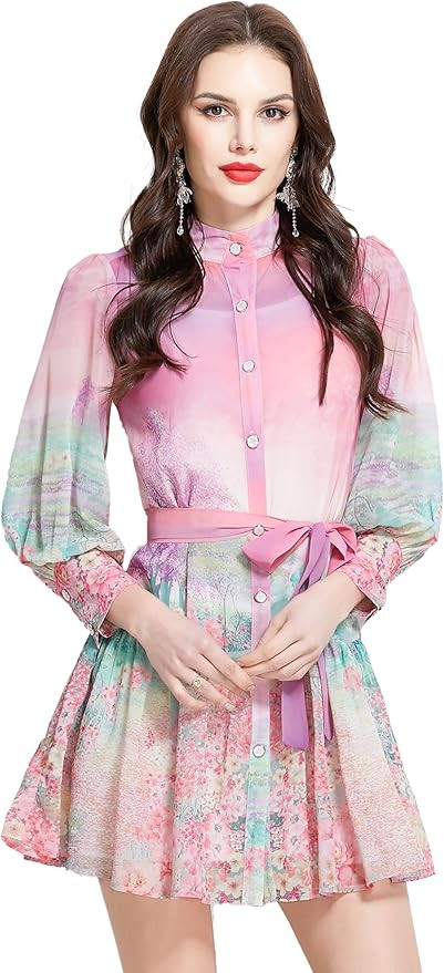 LAI MENG FIVE CATS Women's Floral Print Long Lantern Sleeve Ruffle Casual Button Belted Thin Fabr... | Amazon (US)