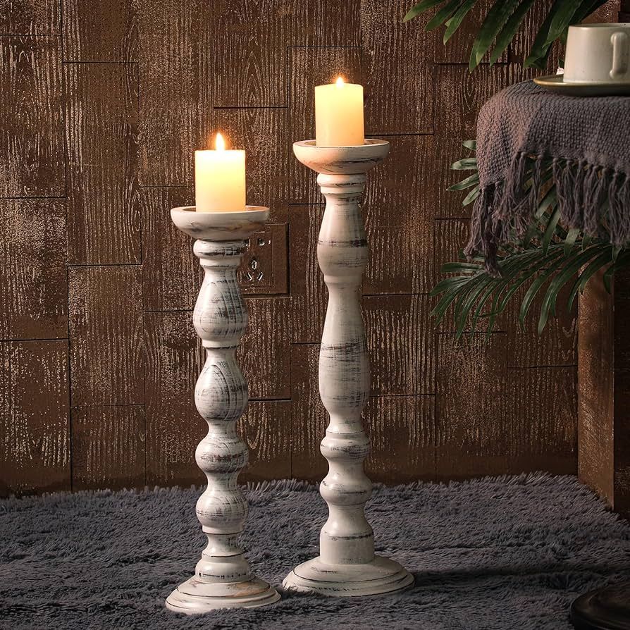Yoande 2 Pcs Floor Tall Candle Holders White Rustic Large Wooden Floor Candle Holders Tall Set 18... | Amazon (US)