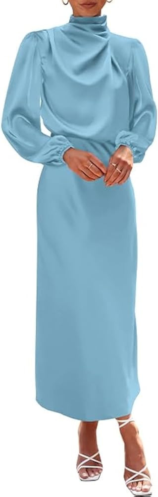 BTFBM Women's Mock Neck Satin Dress Elegant Long Sleeve Elastic High Waist Formal Wedding Cocktai... | Amazon (US)