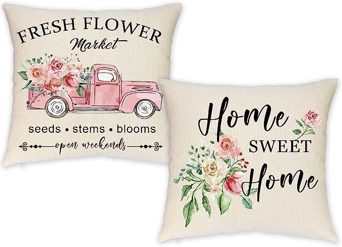HEOFEAN Spring Pillow Covers 18x18 Inch – Set of 2 Floral Decorative Throw Pillow Covers,Farmho... | Amazon (US)