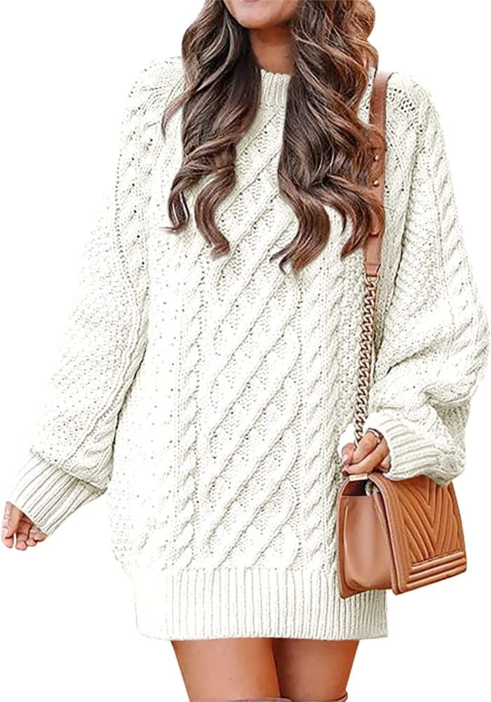 ANRABESS Women Crewneck Long Sleeve Oversized Cable Knit Chunky Pullover Short Sweater Dresses | Amazon (CA)