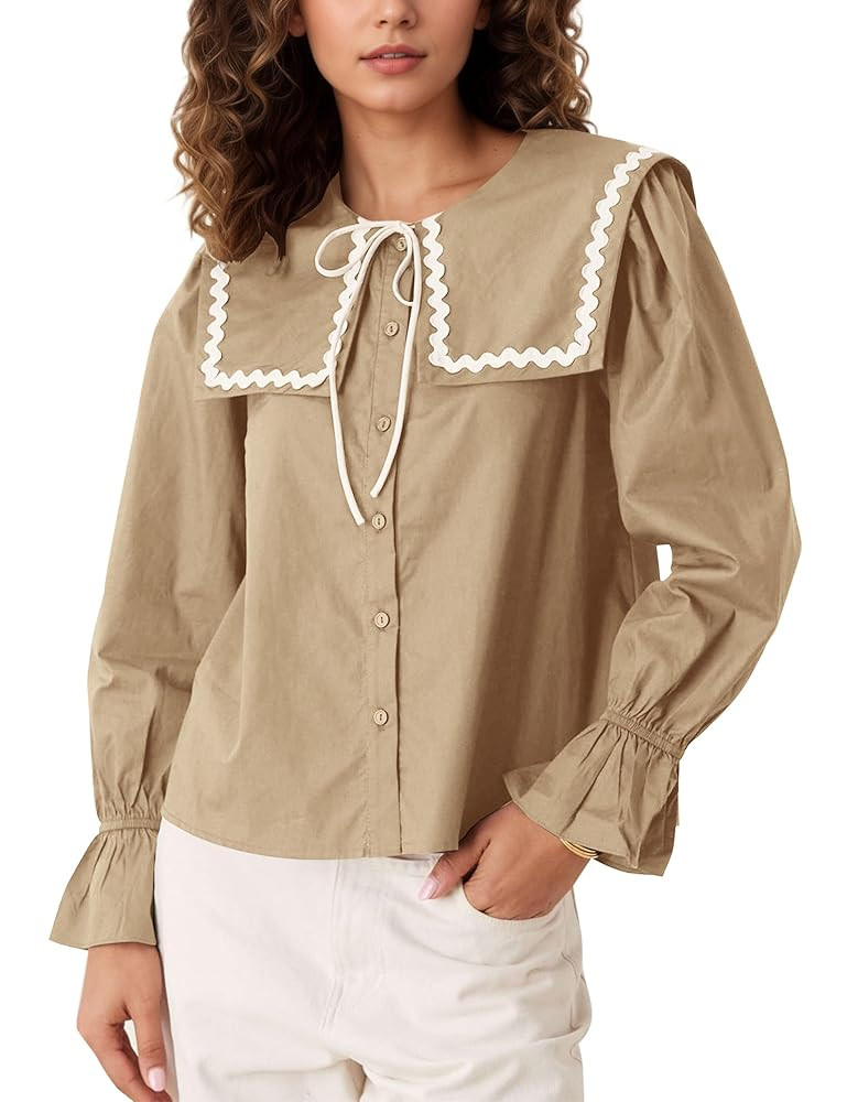 Womens Oversized Square Collar Blouse Button Down Shirts Casual Dressy | Amazon (US)