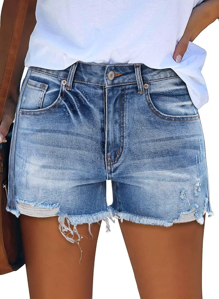 Magritta Denim Shorts for Women Mid Waisted Folded Hem Ripped Jean Shorts | Amazon (US)