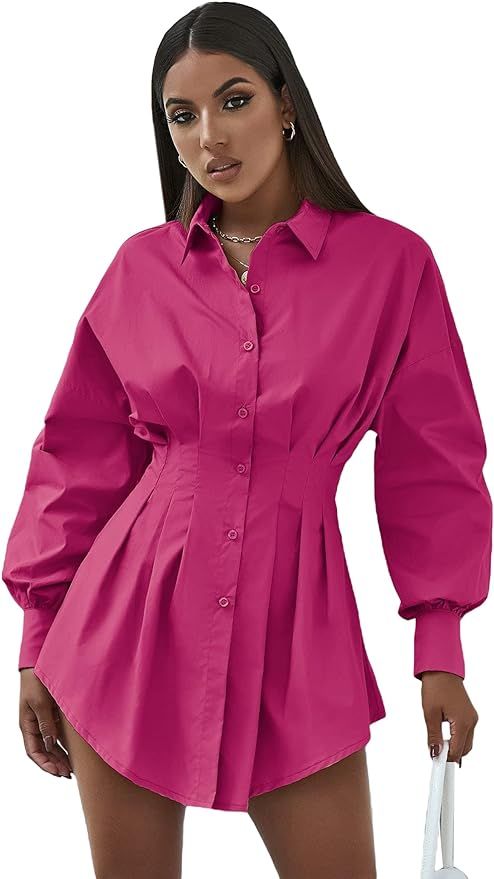 MakeMeChic Women's Button Up Shirt Dress Long Sleeve Pleated Waist Button Down Shirt Peplum Blous... | Amazon (US)