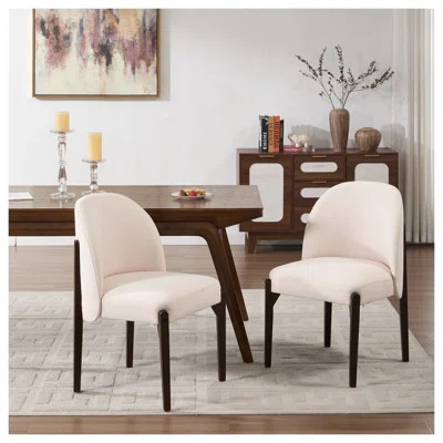 Modern Farmhouse Dining Chairs Set of 2, Beige Fabric Upholstered Kitchen Chairs with Rubberwood Legs, Mid-Century Wooden Dining Room Seating | Wayfair North America