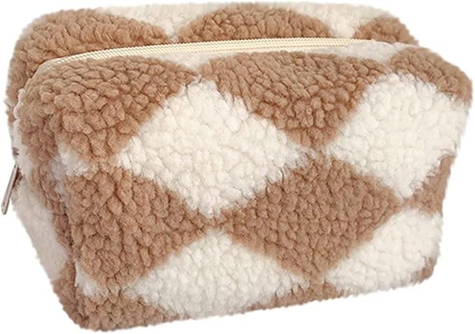 Checkered Makeup Bag, Checkered Plush Cosmetic Bag, Asthetic Plaid Handbags, Cute Zipper Large Tr... | Amazon (US)